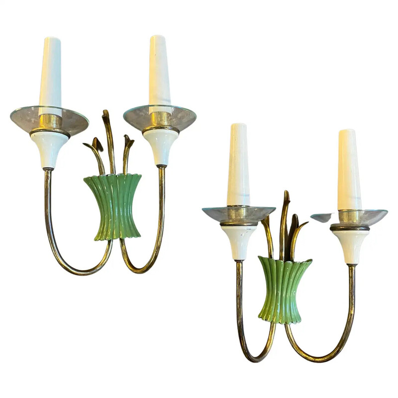 Pair of vintage brass and green metal wall lamps, Italy 1950
