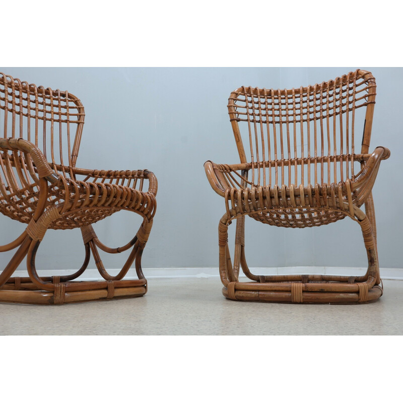 Paire de fauteuils vintage en rotin par Tito Agnoli pour Bonacina, 1960