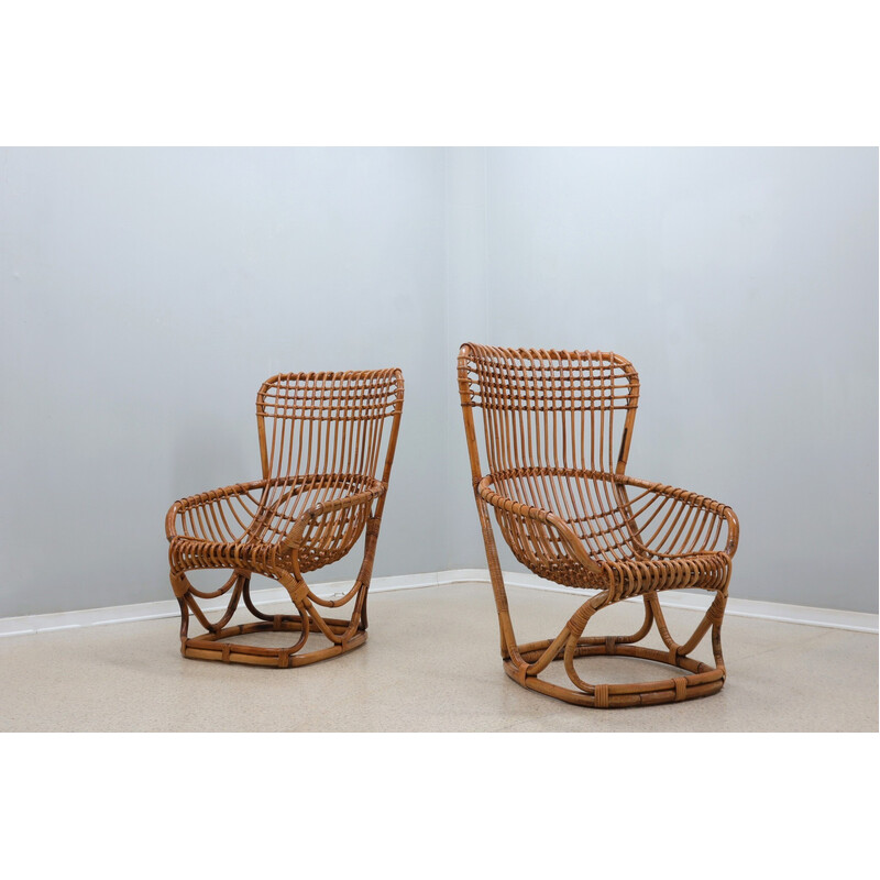 Paar vintage rotan fauteuils van Tito Agnoli voor Bonacina, 1960