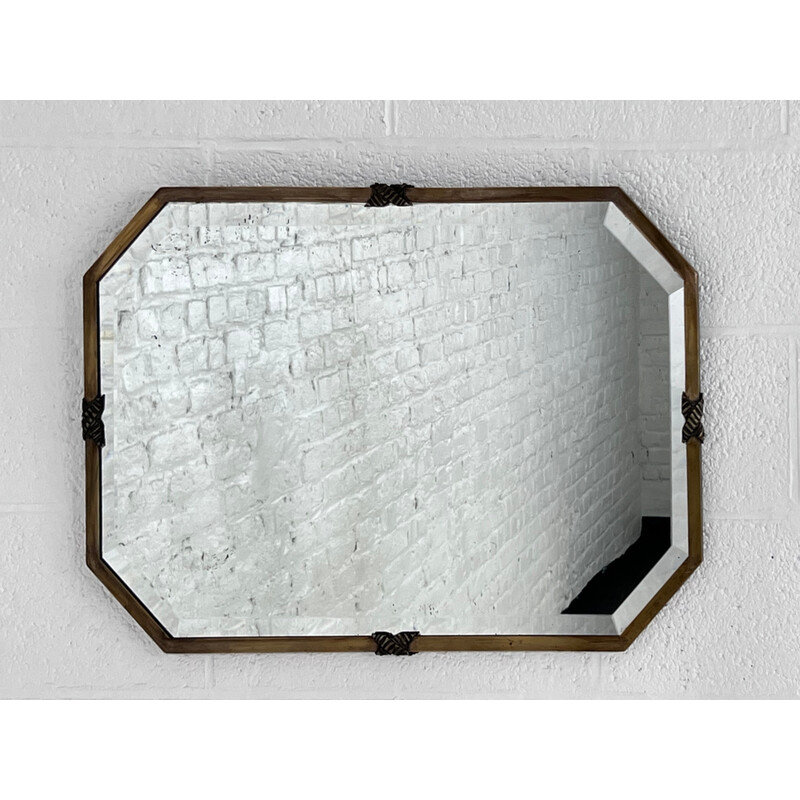 Specchio ottagonale d'epoca Art Déco su cornice in ottone