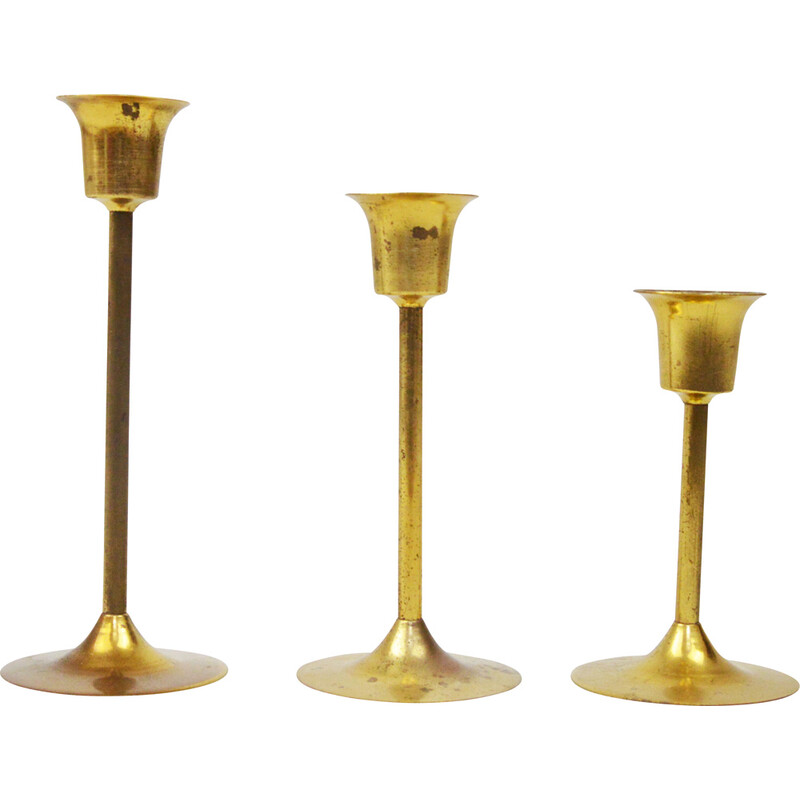 Set of 3 vintage golden candlesticks, 1970s