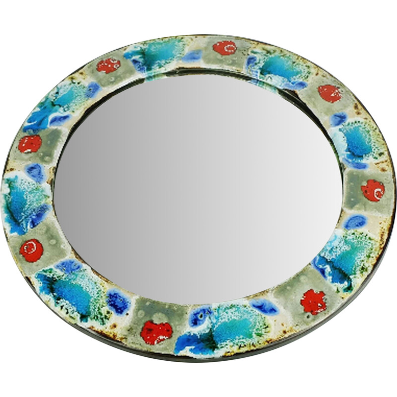 Mid century wall mirror with colorful ceramic frame by Grünstadt-Keramik, Germany 1960-1970s