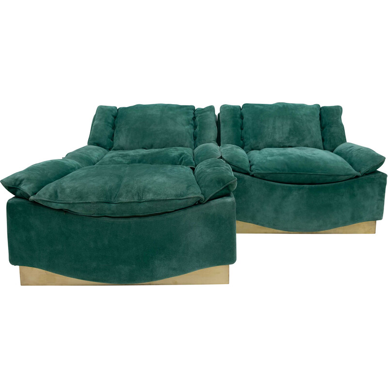 Pair of mid-century suede armchairs and footrest by Luciano Frigerio, 1970s