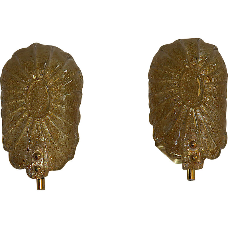 Pair of vintage Murano glass wall lamps speckled with gold and brass, Italy 1970