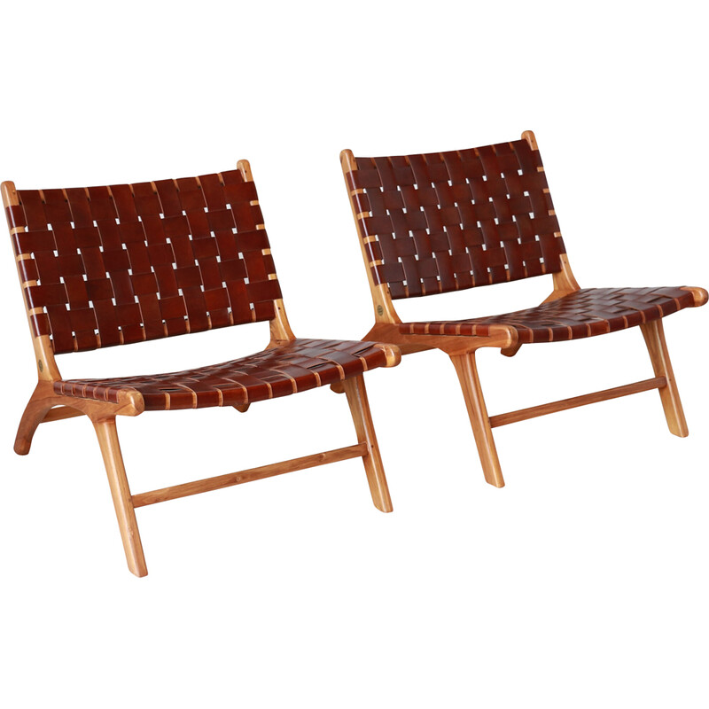 Pair of vintage teak and leather "Los Angeles" armchairs by Olivier de Schrijver
