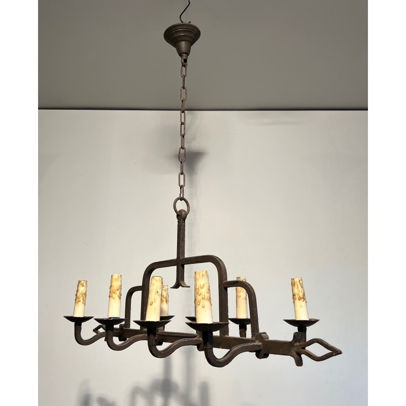 Vintage wrought iron chandelier, France 1940