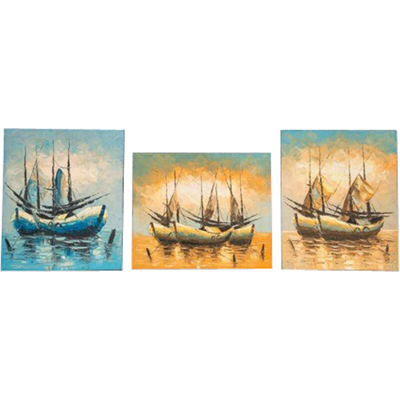 Set van 3 vintage acrylverf op canvas boot op het water, jaren 2000