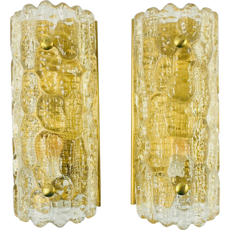 Pair of vintage scandinavian wall lamps in glass and brass by Carl Fagerlund for Orrefors and Lyfa, 1960