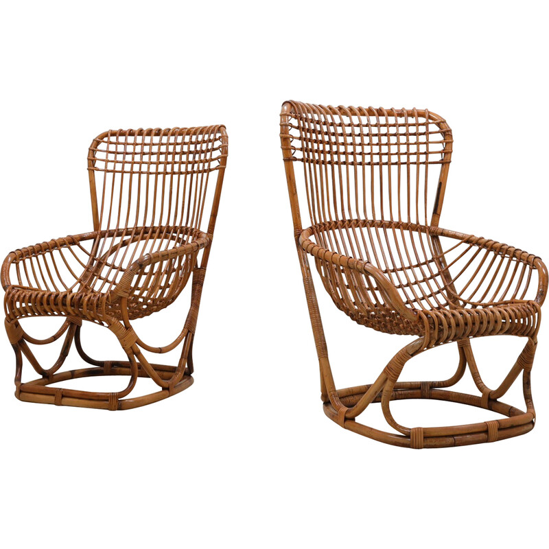 Pareja de sillones vintage de ratán de Tito Agnoli para Bonacina, 1960