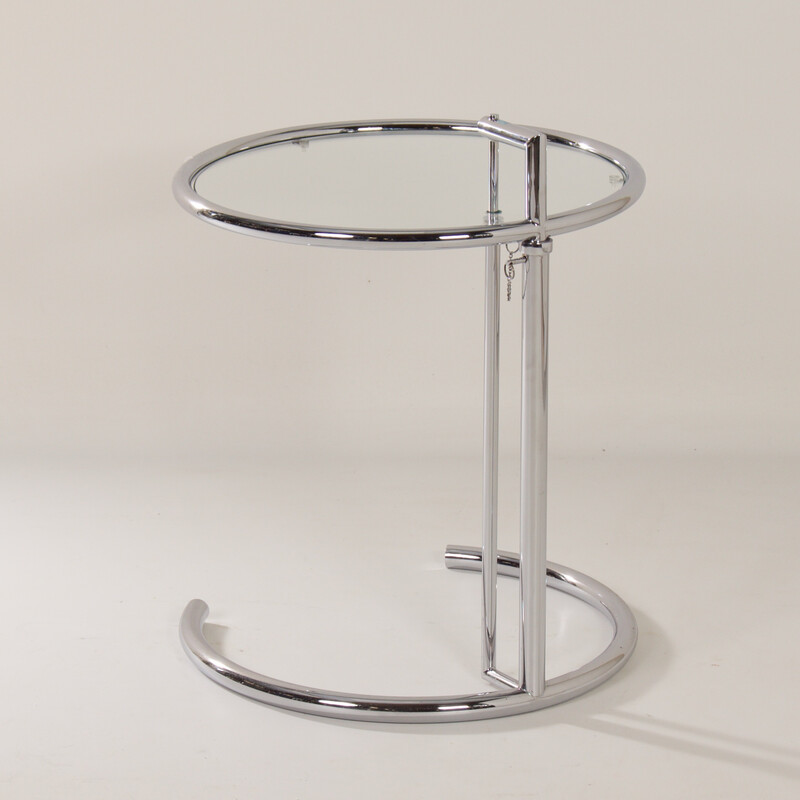 Mesa de apoio vintage em metal cromado e vidro de Eileen Gray, 1980