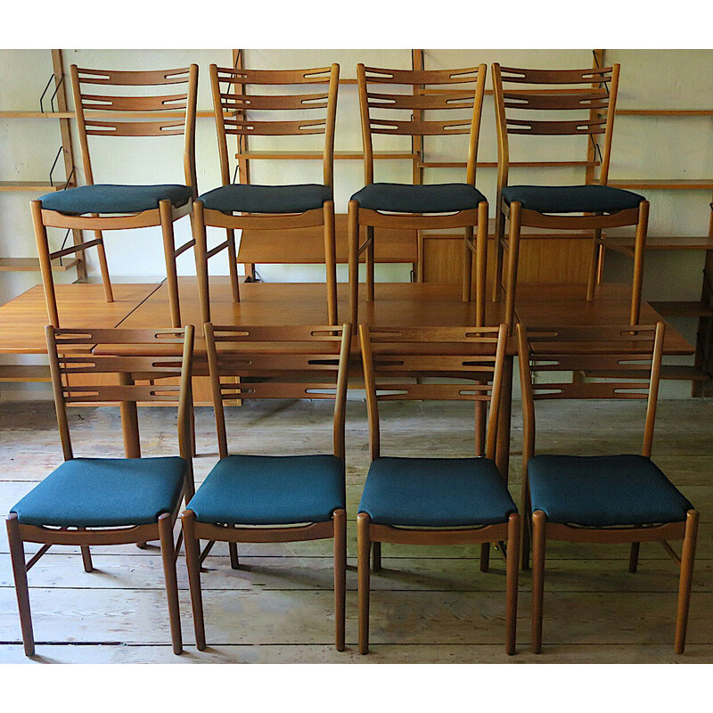 Juego de 8 sillas vintage de madera de teca y tela, 1960