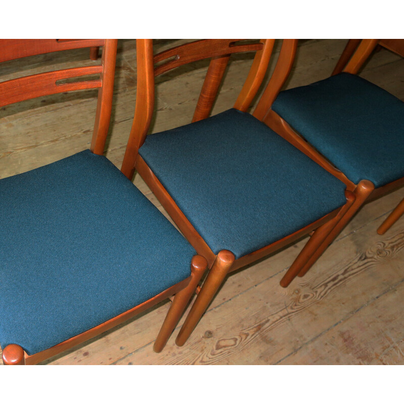 Juego de 8 sillas vintage de madera de teca y tela, 1960