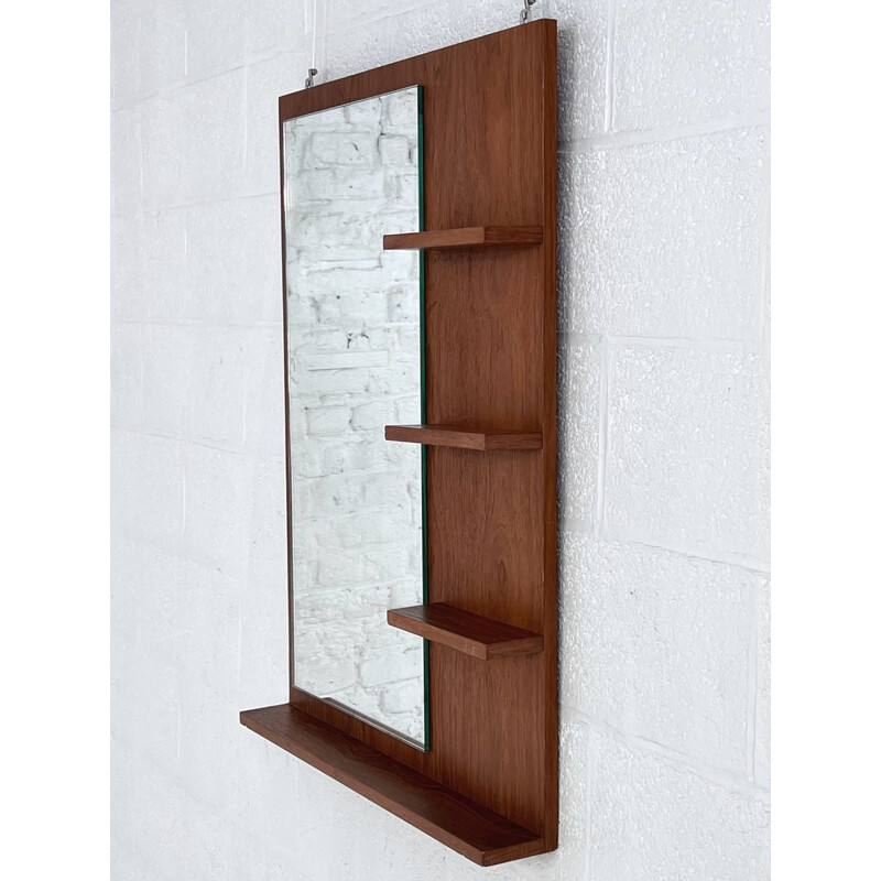 Scandinavian vintage wooden mirror with built-in shelves, 1960-1970