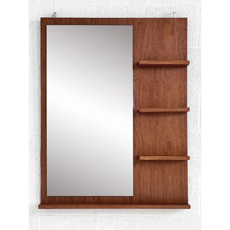 Specchio vintage scandinavo in legno con mensole incorporate, 1960-1970