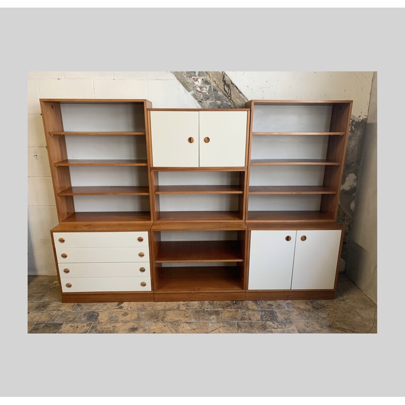 Librería modular vintage en madera y laca blanca, 1960-1970