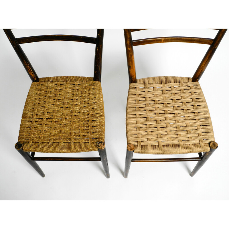 Pair of vintage wood and wicker cord chairs, Italy