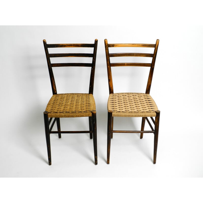 Pair of vintage wood and wicker cord chairs, Italy
