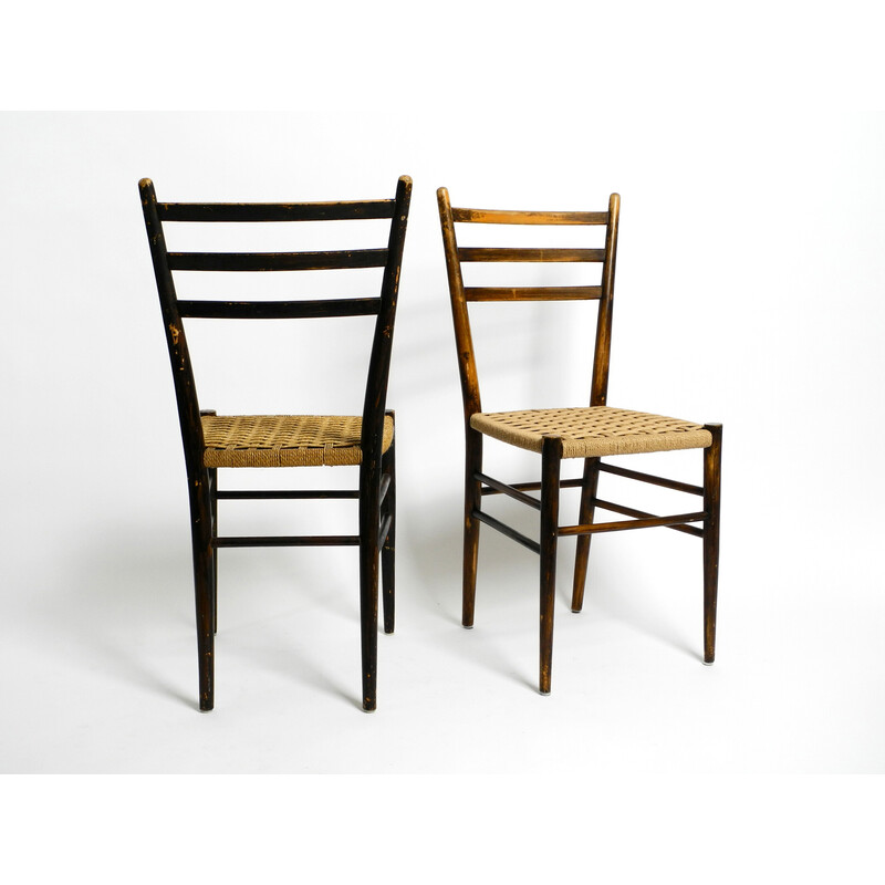 Pair of vintage wood and wicker cord chairs, Italy