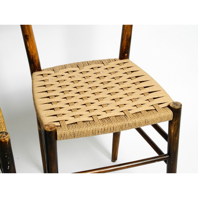 Pair of vintage wood and wicker cord chairs, Italy