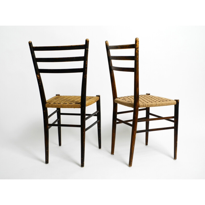 Pair of vintage wood and wicker cord chairs, Italy