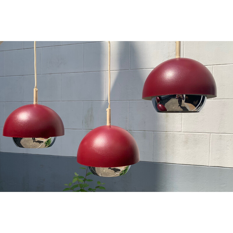 Set of 3 vintage burgundy and chrome pendant lamps