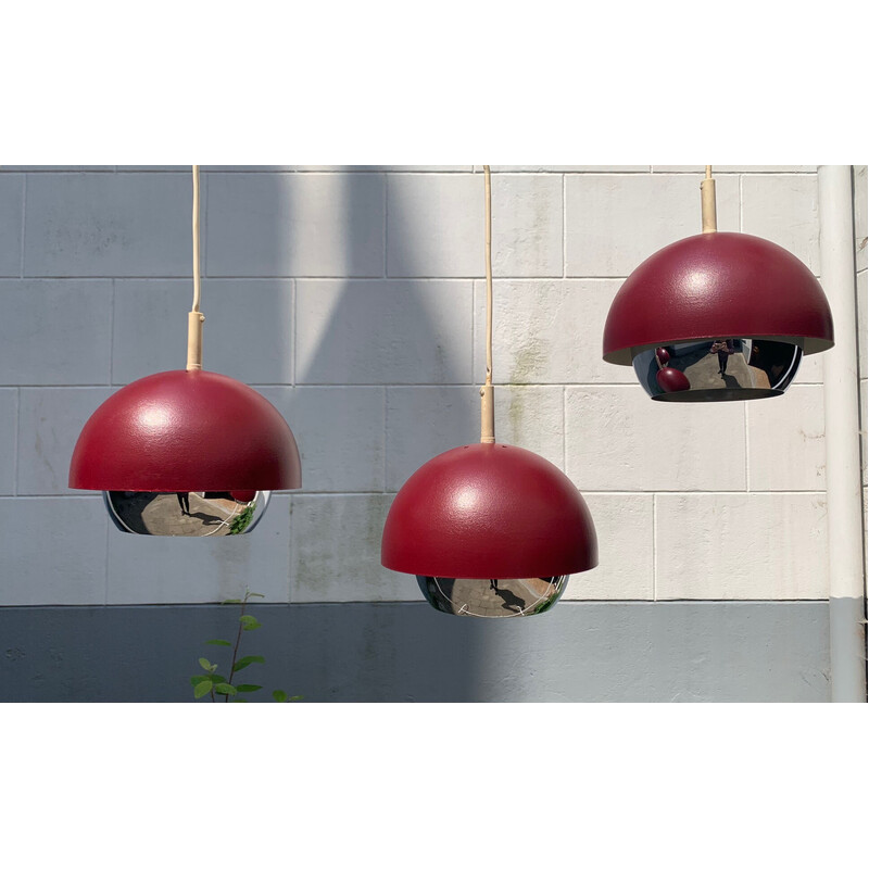 Set of 3 vintage burgundy and chrome pendant lamps