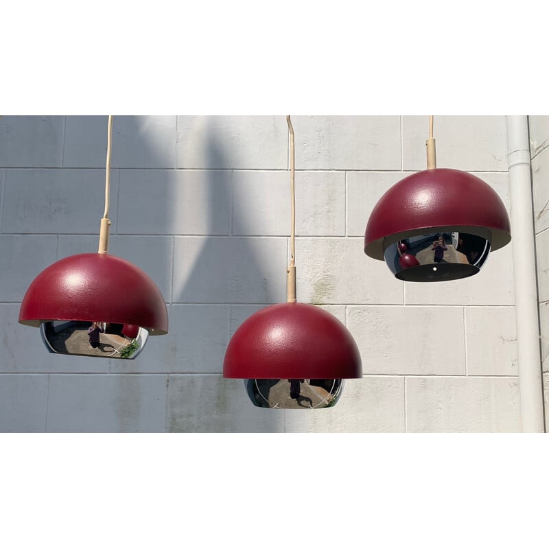 Set of 3 vintage burgundy and chrome pendant lamps