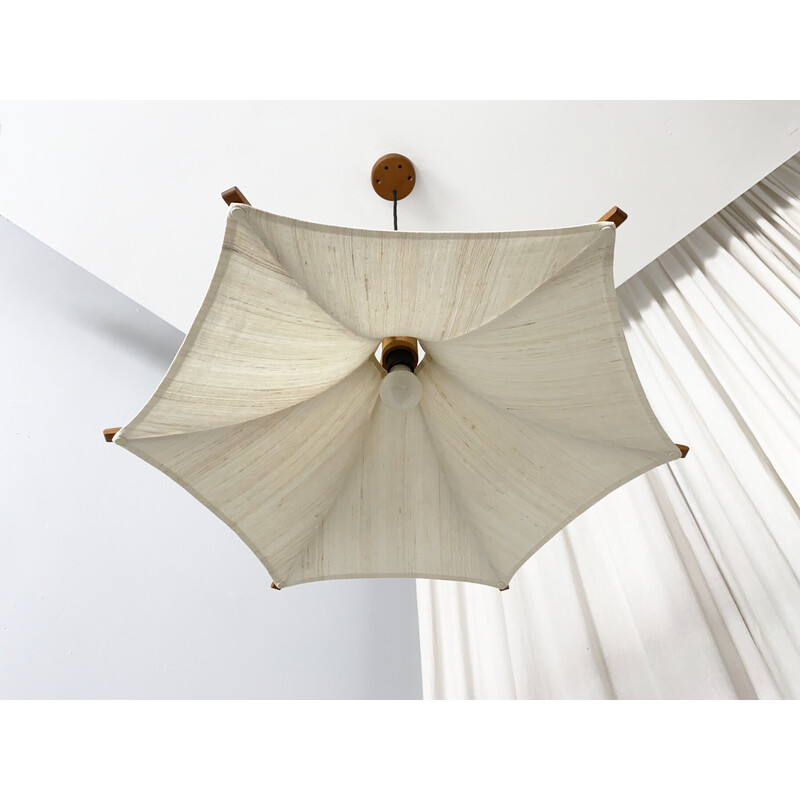 Vintage teak pendant lamp with linen shade by Domus, Germany 1970