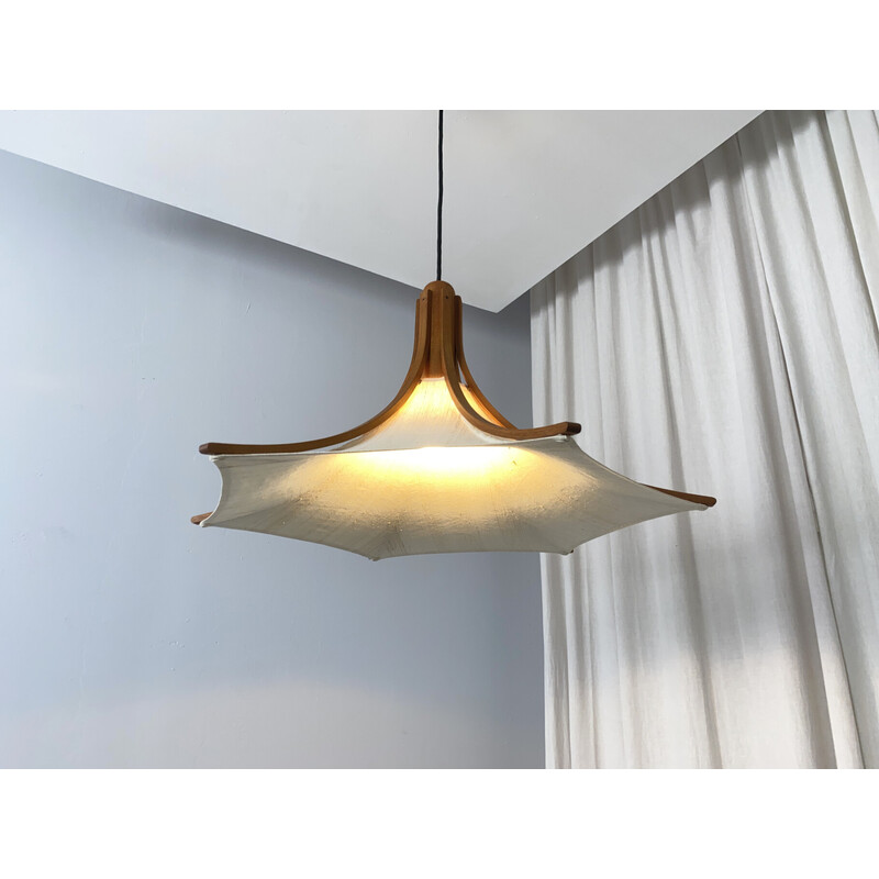 Vintage teak pendant lamp with linen shade by Domus, Germany 1970