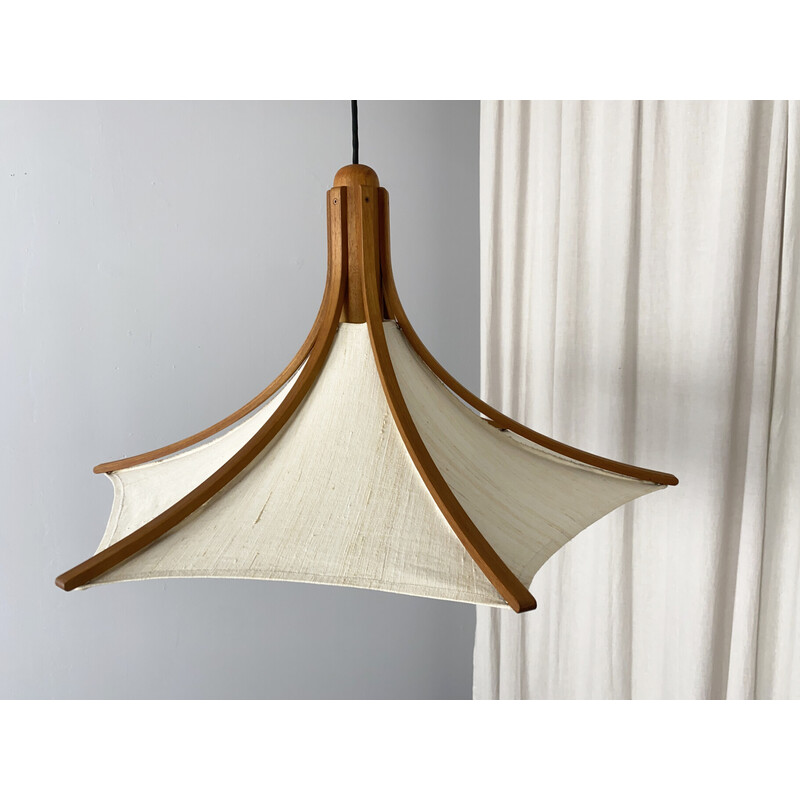 Vintage teakhouten hanglamp met linnen kap van Domus, Duitsland 1970