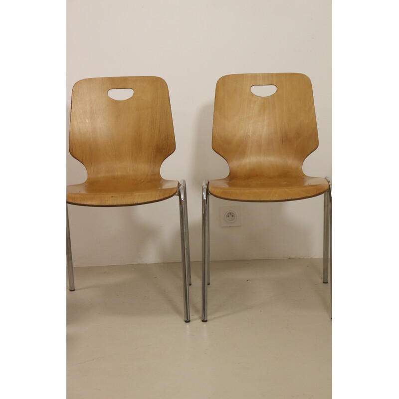 Set of 10 vintage plywood stacking chairs, 1980