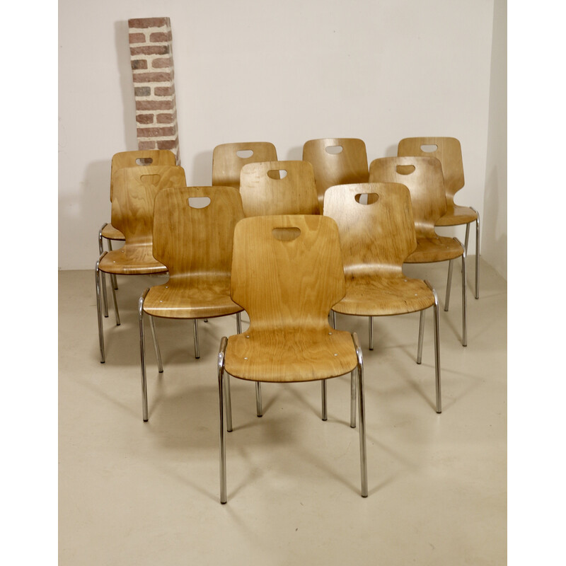 Juego de 10 sillas apilables vintage de madera contrachapada, 1980