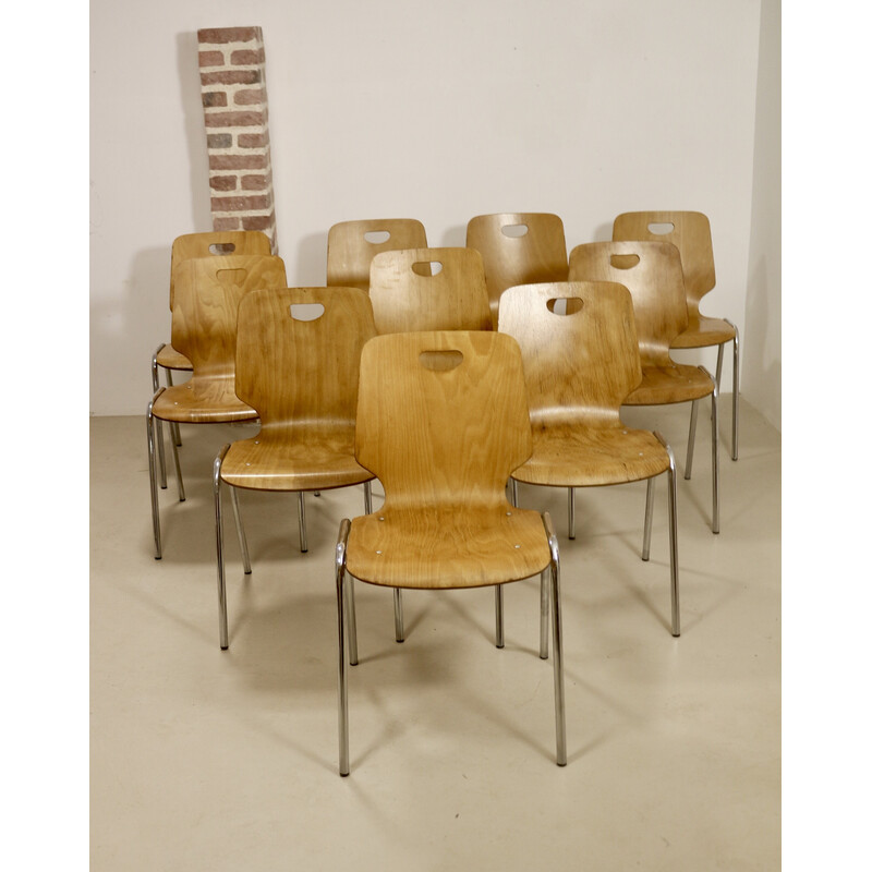 Set of 10 vintage plywood stacking chairs, 1980