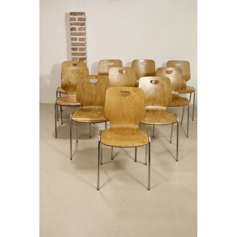 Set of 10 vintage plywood stacking chairs, 1980