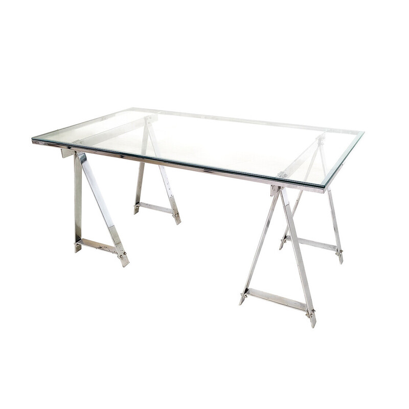 Mid-eeuwse eettafel van chroom en glas, Italië 1970