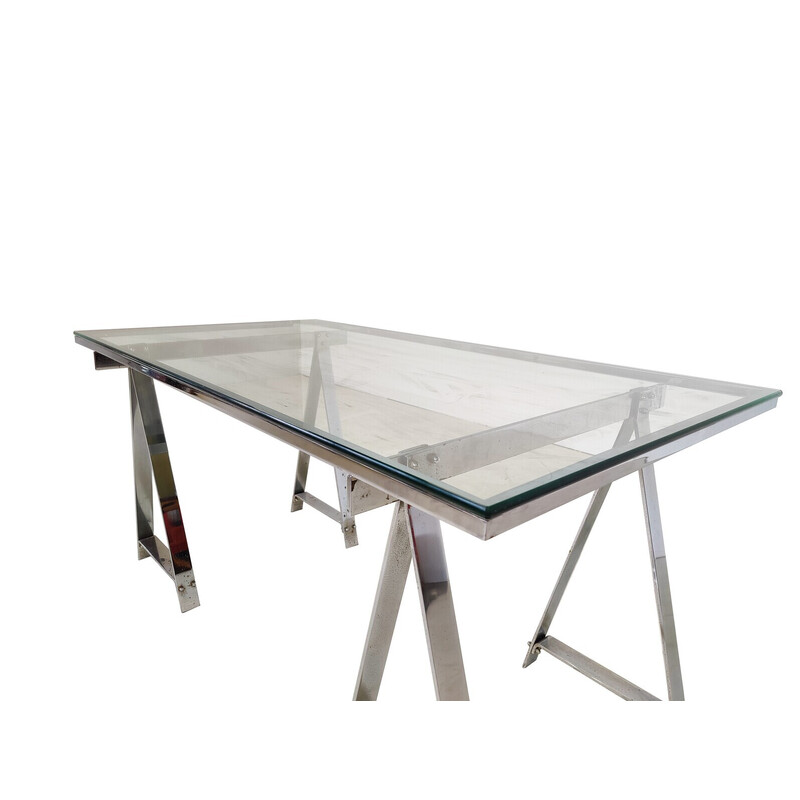 Mid-eeuwse eettafel van chroom en glas, Italië 1970