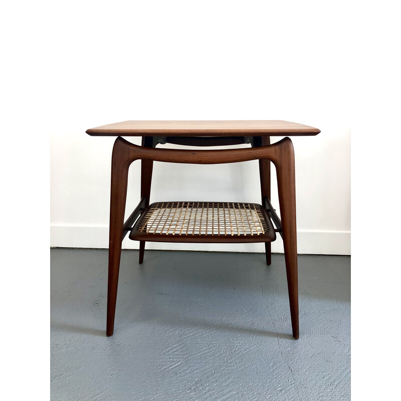 Vintage teak en rotan bijzettafel door Louis Van Teeffelen voor Webe, 1960