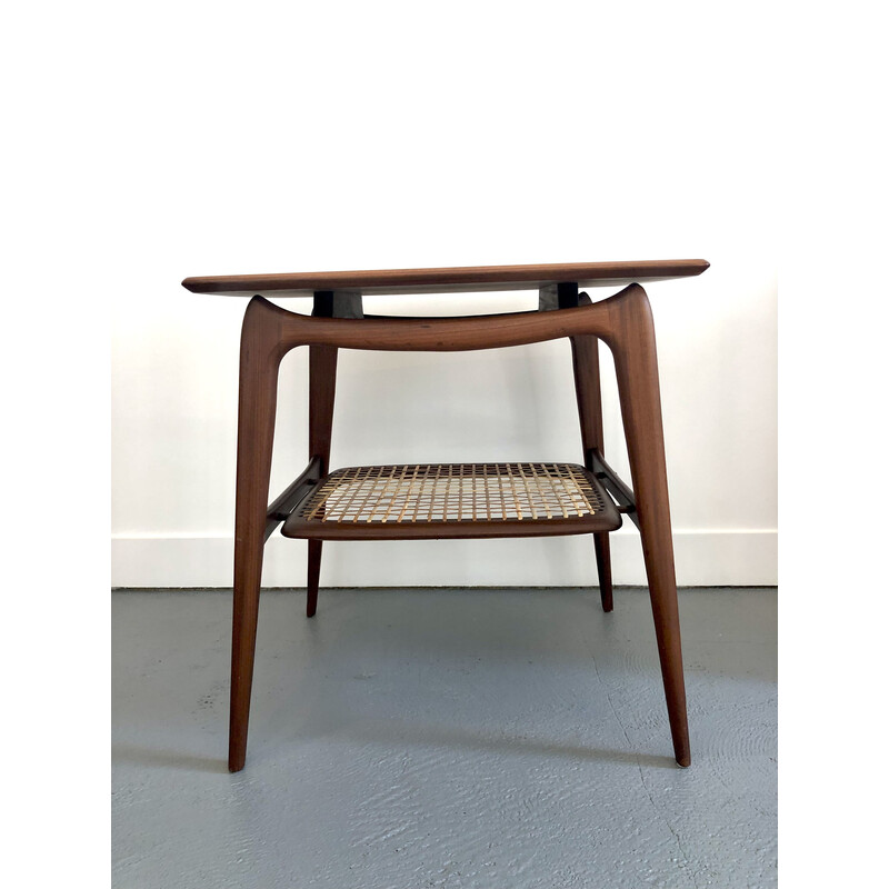 Vintage teak en rotan bijzettafel door Louis Van Teeffelen voor Webe, 1960