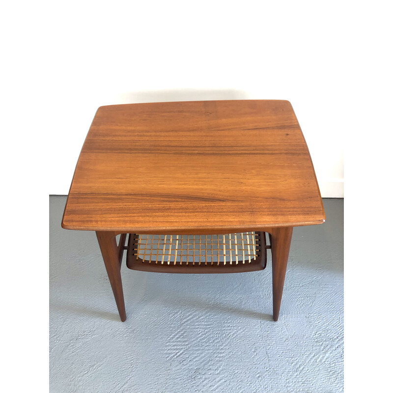 Vintage teak en rotan bijzettafel door Louis Van Teeffelen voor Webe, 1960