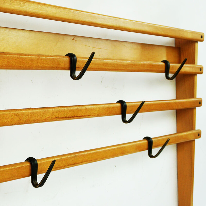 Austrian mid century beechwood and blackened brass wall coat rack by Carl Auböck