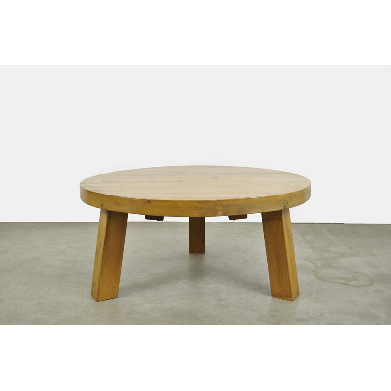 Brutalist vintage massive oakwood round coffee table, Belgium 1960s