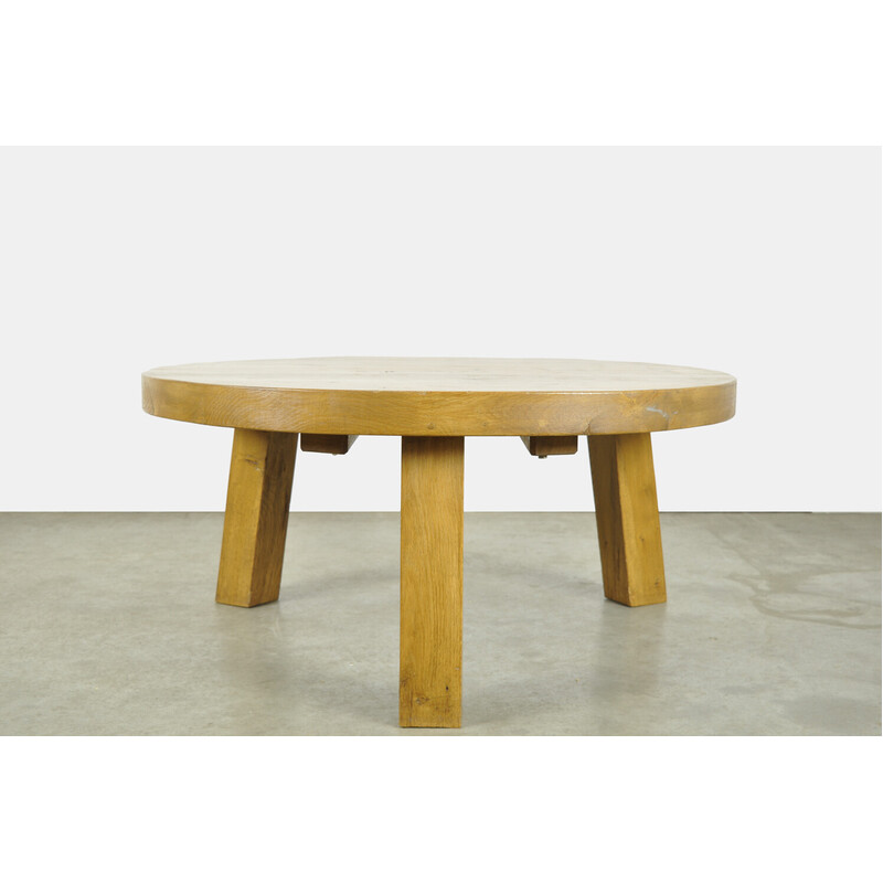 Brutalist vintage massive oakwood round coffee table, Belgium 1960s