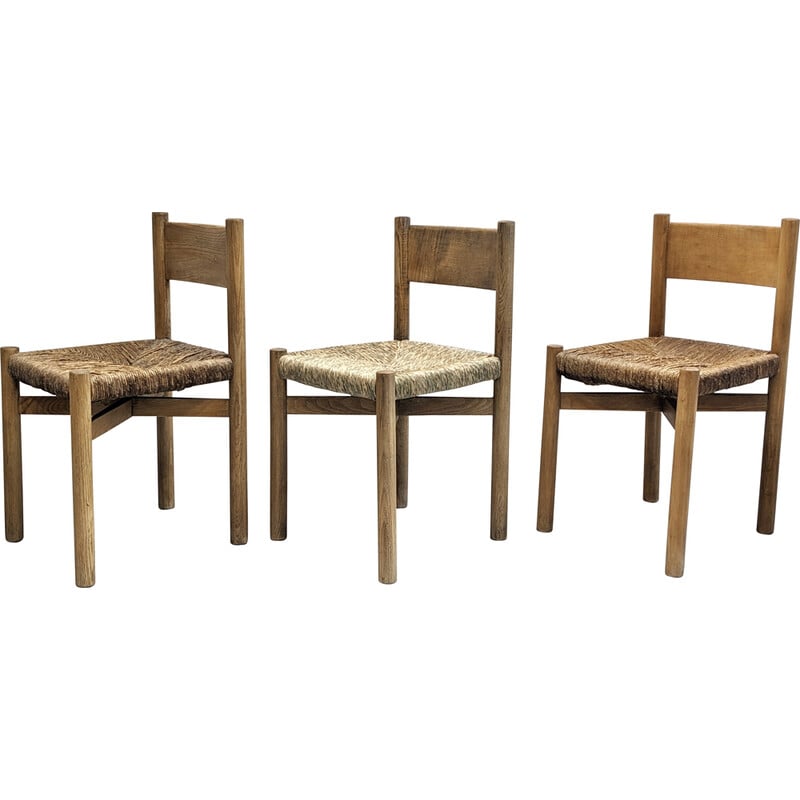 Set of 3 vintage Meribel wooden chairs by Charlotte Perriand