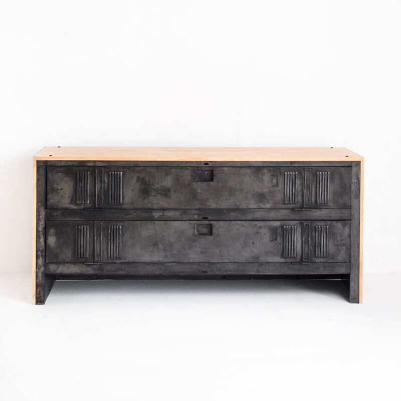 Vintage French highboard with graphite wax patina, 1960