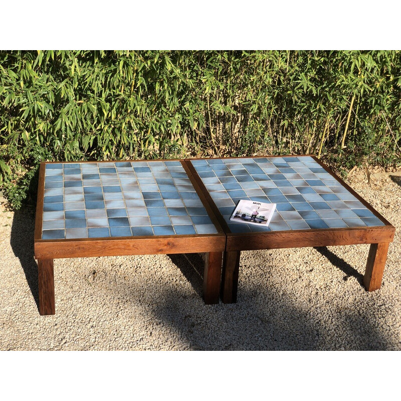 Pair of vintage solid wood and ceramic coffee tables, 1960