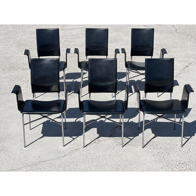 Set of 6 vintage black leather armchairs by Ross Littell for Matteo Grasssi, 1980