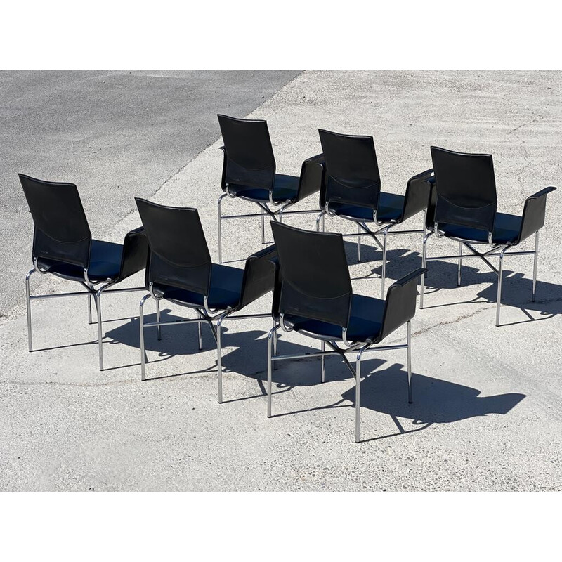 Set van 6 vintage zwart leren fauteuils van Ross Littell voor Matteo Grasssi, 1980