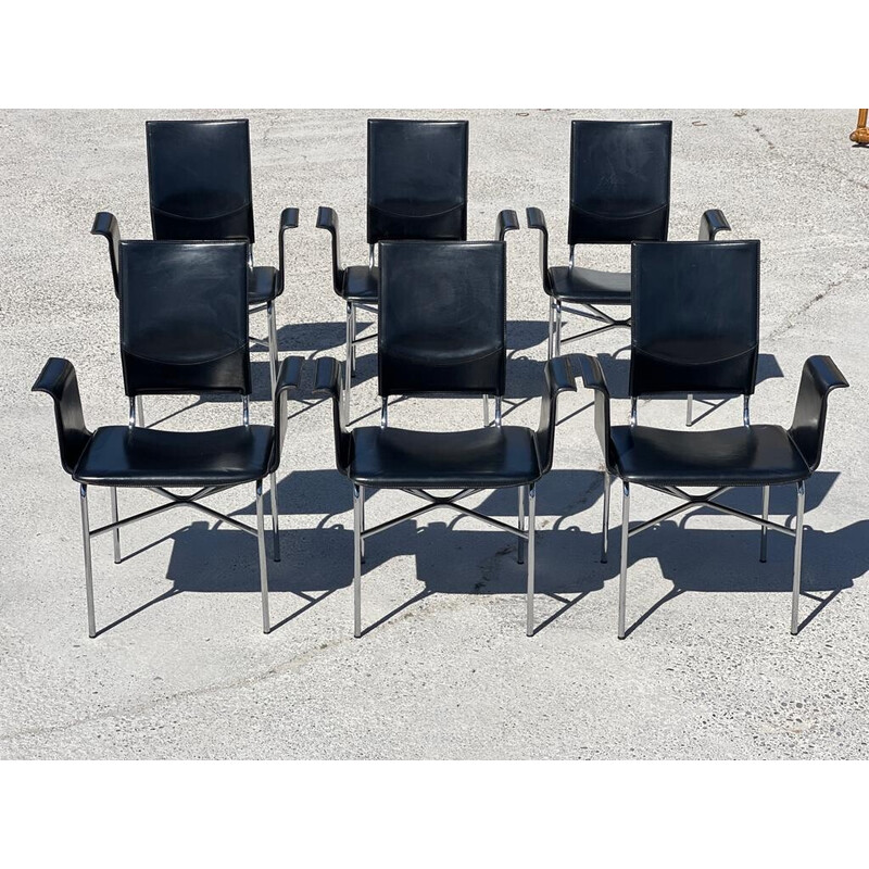 Ensemble de 6 fauteuils vintage en cuir noir par Ross Littell pour Matteo Grasssi, 1980