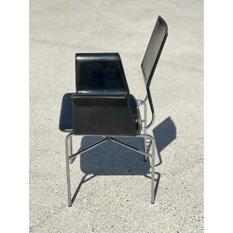 Set van 6 vintage zwart leren fauteuils van Ross Littell voor Matteo Grasssi, 1980