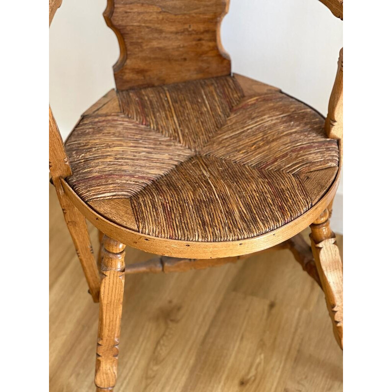 Vintage Franse provinciale fauteuil met hoge ingelegde rugleuning en strooien zitting